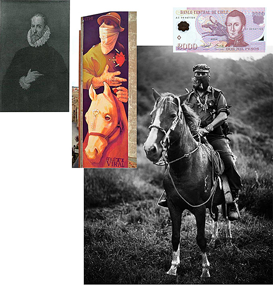 FIG 5 . INTI's Don Quixote and visual references to Doménikos Theotoképoulos (left, painting attributed to the painter by Camón Aznar), and to portraits of subcomandante Marcos (right down) and Manuel Rodríguez (right up)